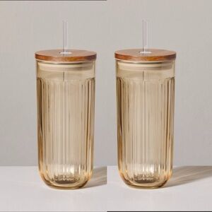 - 21oz glass tumbler wood lid, hearth & hand with Magnolia, set of 2